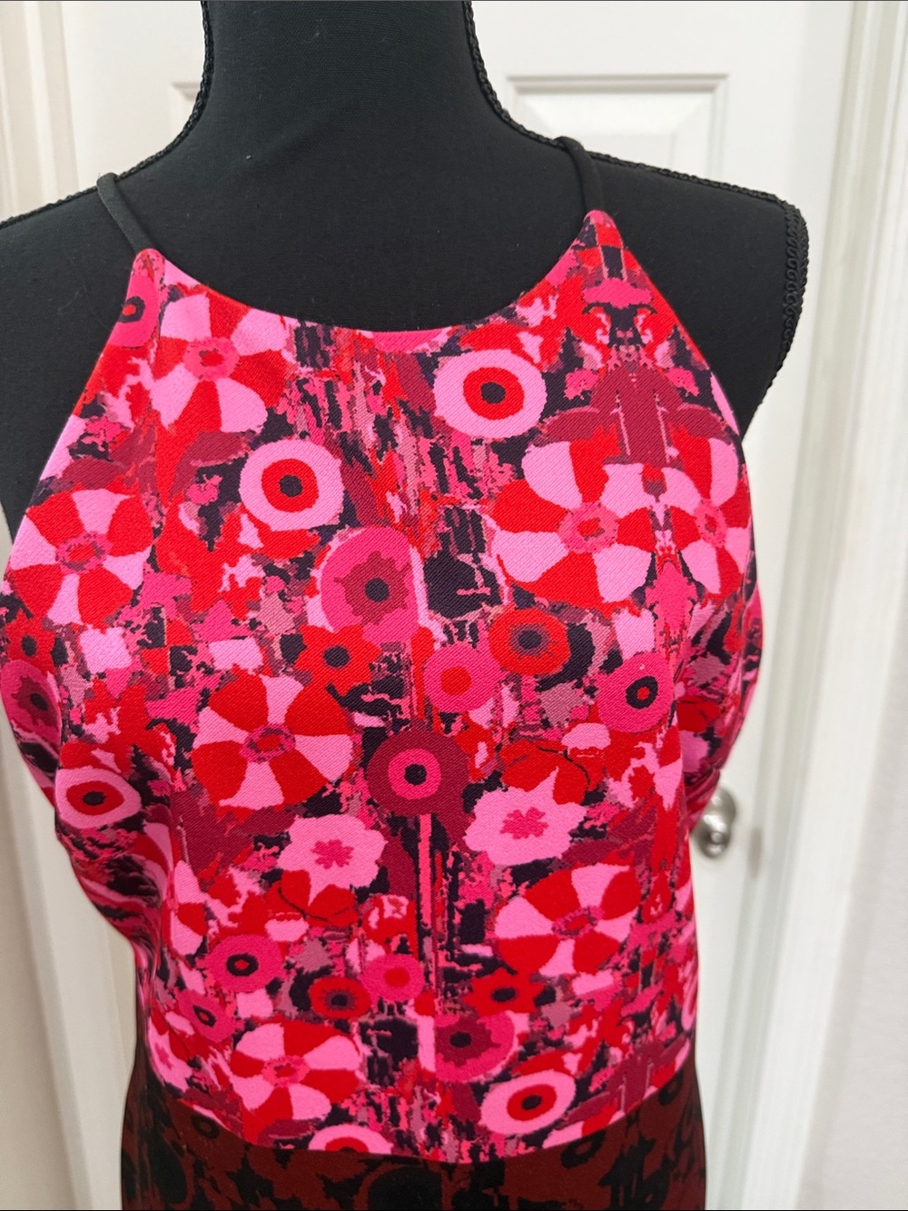 Badgley Mischka Pink and Red Floral Halter Sheath Dress - Picture 3 of 6